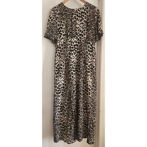 Missguided Leopard Print midi Dress flutter Sleeve Flowy Elegant Front Slit Sz 8